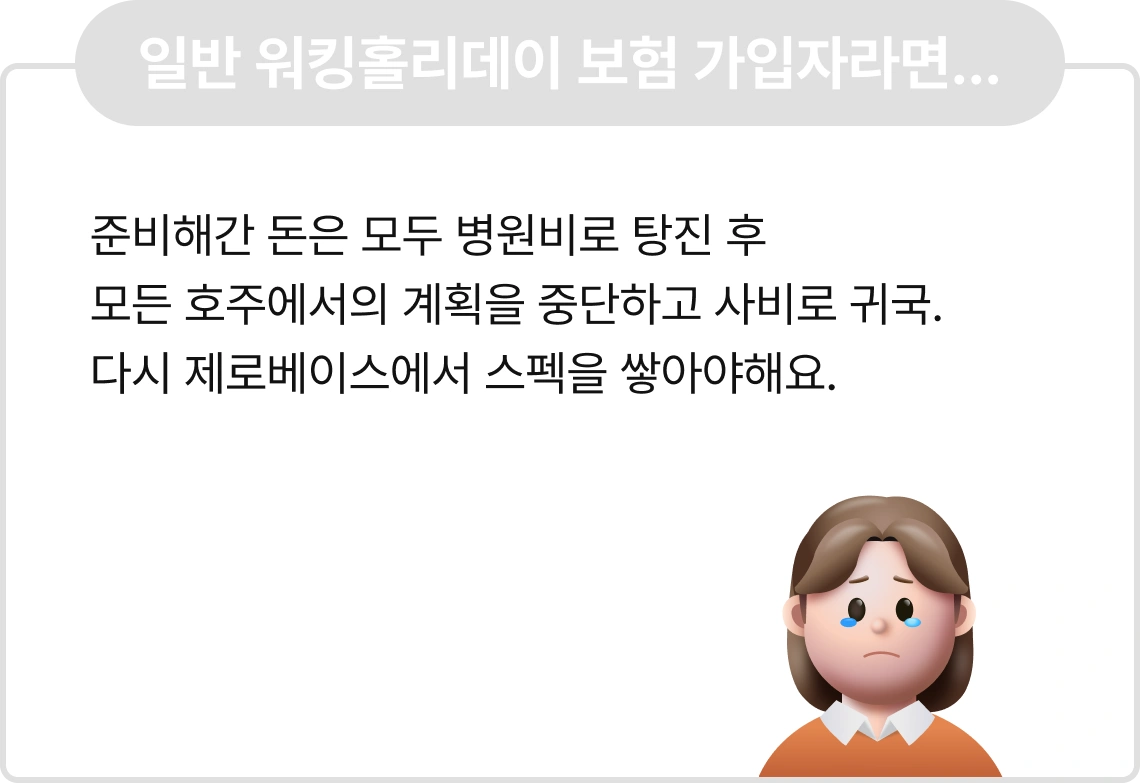 Q. 호주로 워킹 홀리데이를 떠났지만
생각보다 쉽지 않은 
구직활동과 인종차별, 
설상가상으로 잦은 잔병 치레로
조기귀국 하고싶다면?